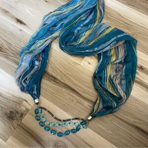 Scarf Shades of Teal and Gold with Beads and Crystals Approx 60”